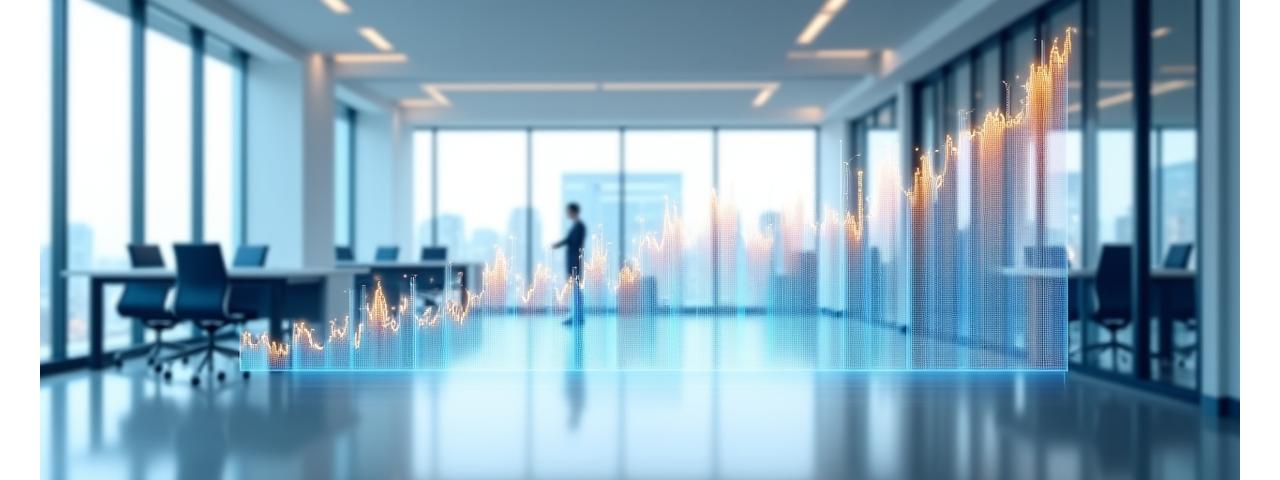Moderné kancelárske priestory s prvkami techniky a rastúceho grafu, symbolizujúce finančný rast a inovácie.